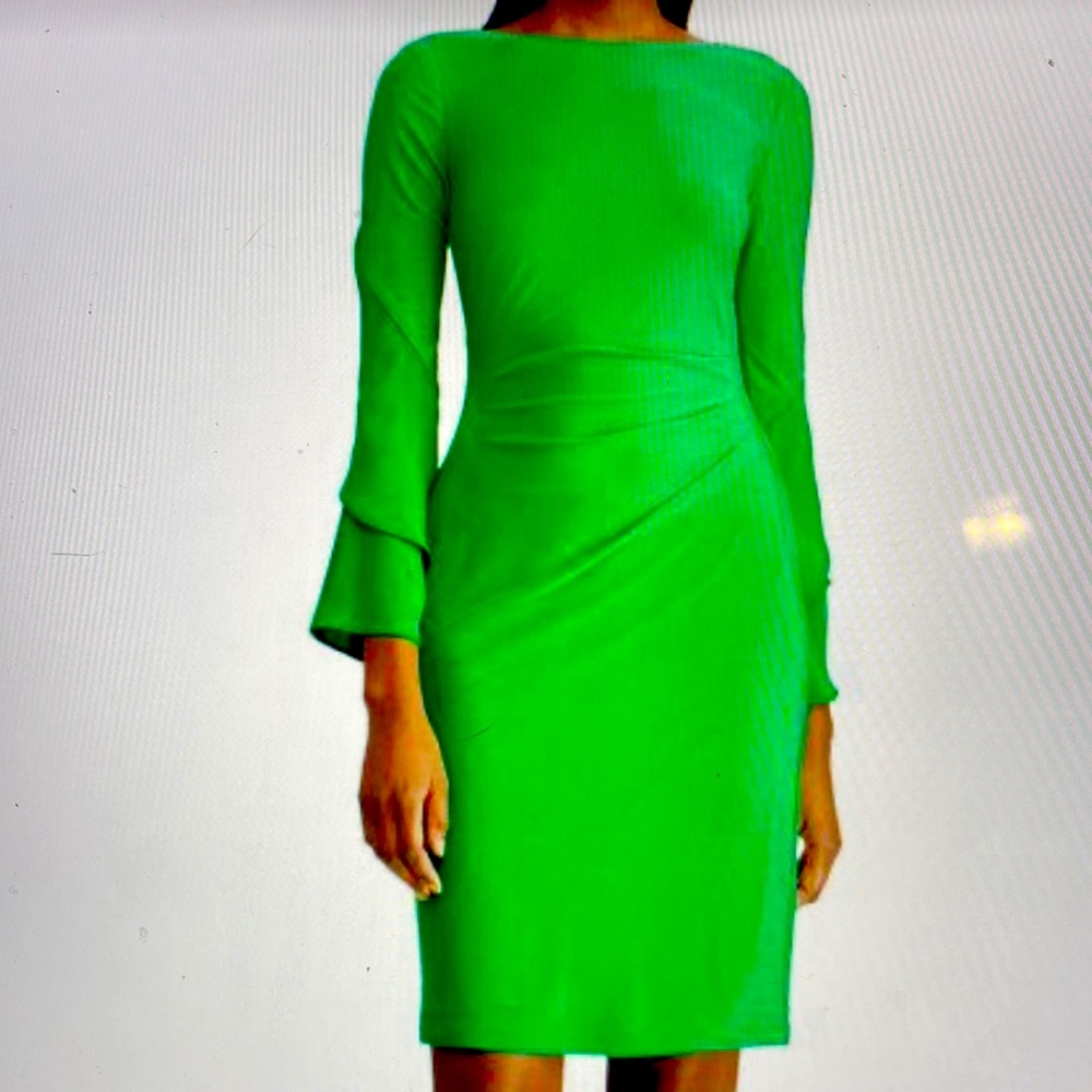 Fitted. Knee length. Boat neck. Lined. Crepe ruffle sleeves. No zippers.